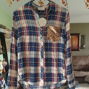 ETWO plaid shirt with sequin pocket & back accent